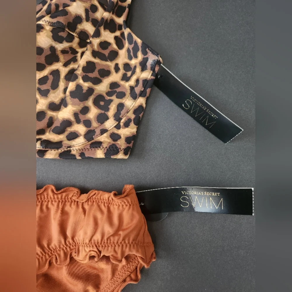 36D/L VS Swim Full Coverage Bikini Top Ruffle Cheeky Bikini Set Leopard
